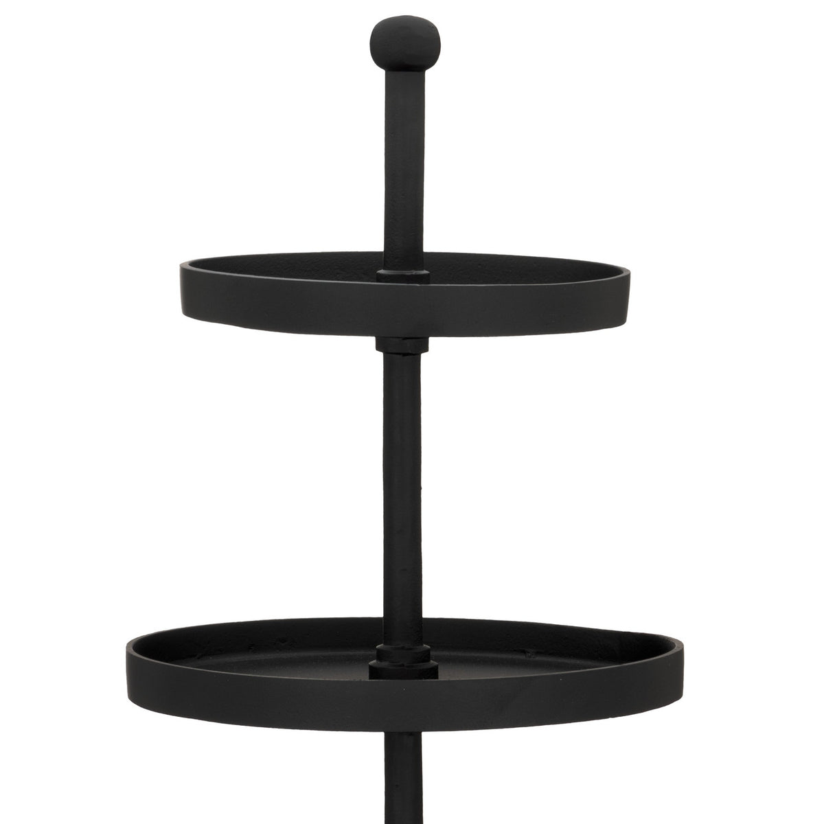 Babirik Cake Stand 35cm in black aluminium, close-up of two round tiers on a slim central pole with ball finial, set against a plain white background.