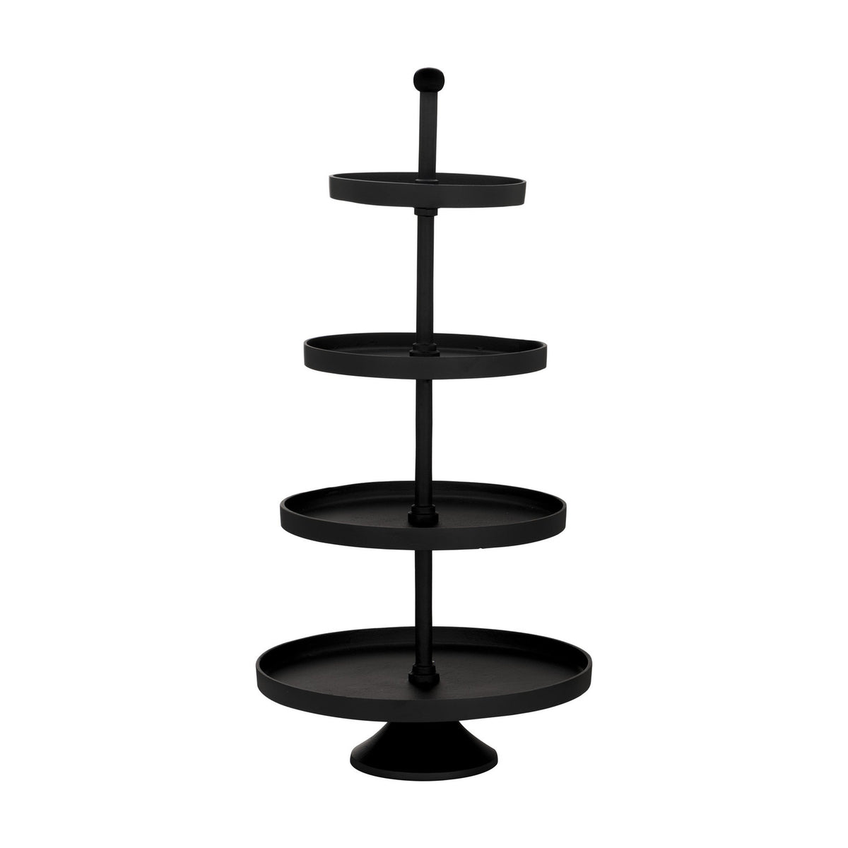Babirik Cake Stand 35cm in black aluminium, four round tiers decreasing in size up a slim central pole with ball finial, set on a flared pedestal base against a white background.