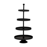 Babirik Cake Stand 35cm in black aluminium, four round tiers decreasing in size up a slim central pole with ball finial, set on a flared pedestal base against a white background.
