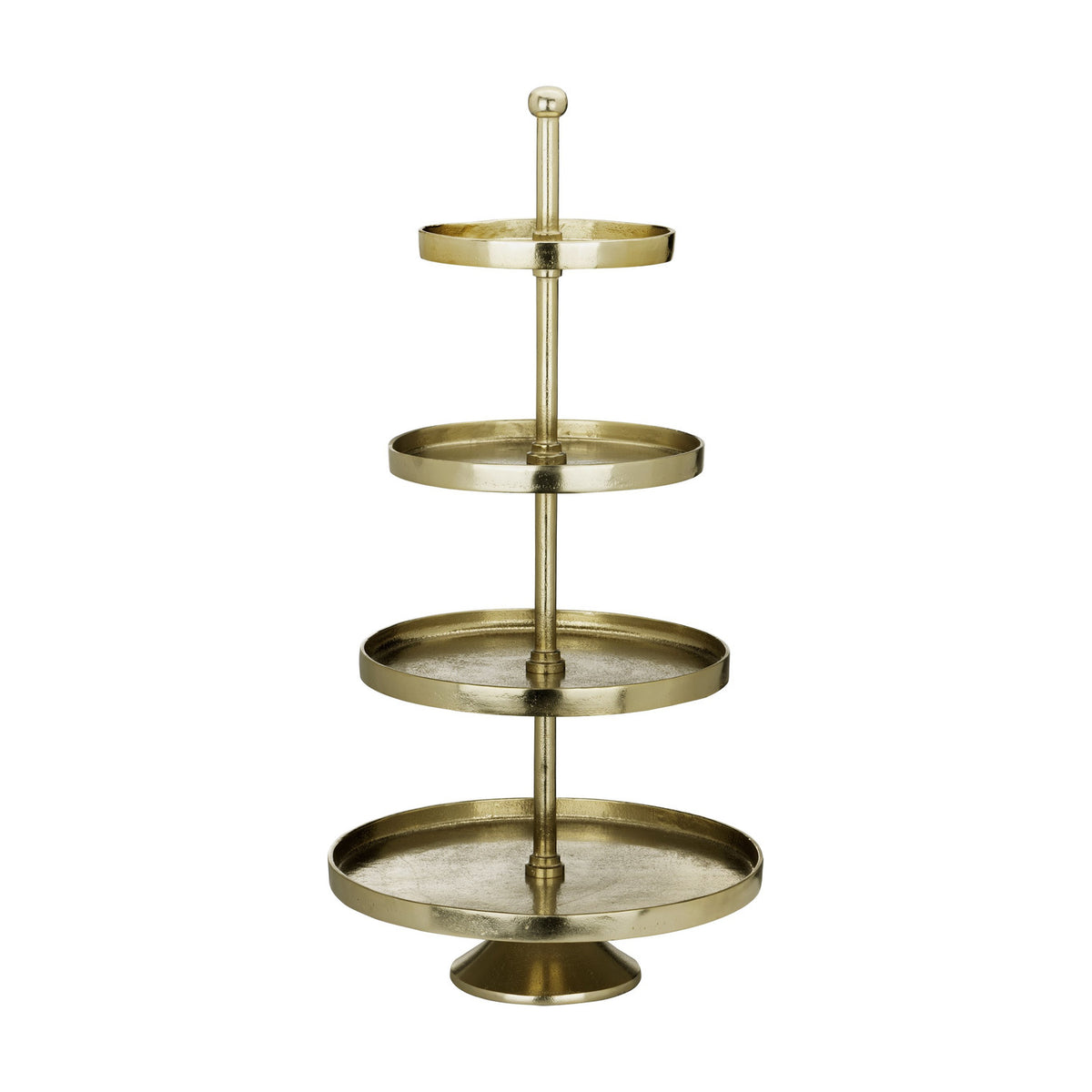 Babirik Cake Stand 35cm in gold aluminium, with four round tiers on a central rod, a ball finial on top and a flared pedestal base, shown on a plain white background.