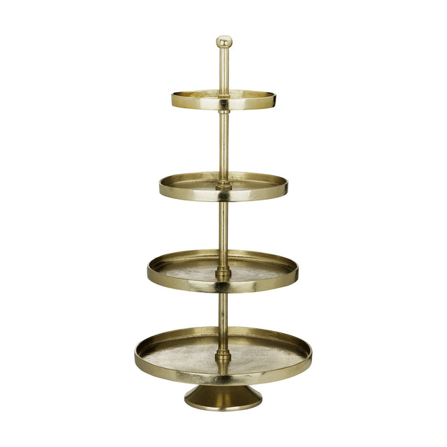 Babirik Cake Stand 35cm in gold aluminium, with four round tiers on a central rod, a ball finial on top and a flared pedestal base, shown on a plain white background.