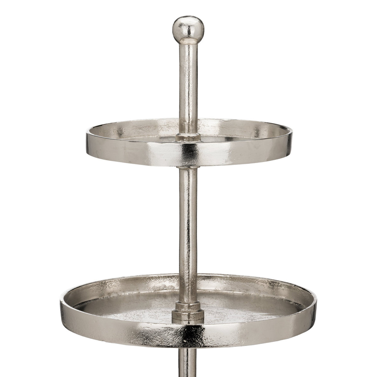 Babirik Cake Stand in nickel-finish aluminium, close-up of two round tiers with raised rims on a central rod topped with a ball finial, plain white background.