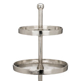 Babirik Cake Stand in nickel-finish aluminium, close-up of two round tiers with raised rims on a central rod topped with a ball finial, plain white background.