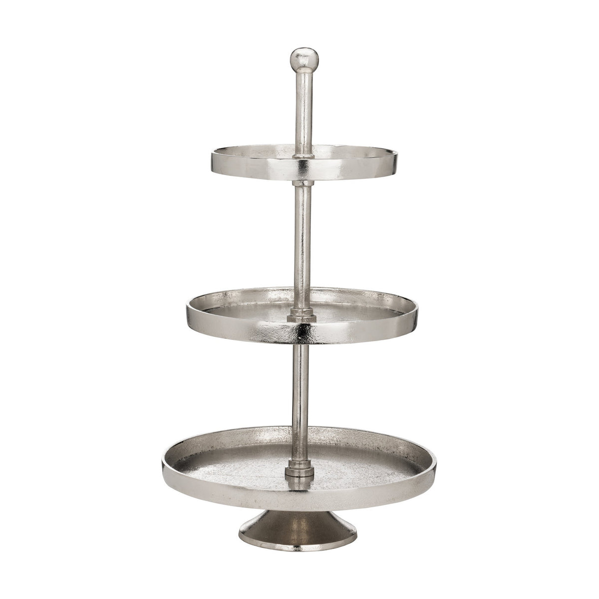 Babirik Cake Stand in nickel, a three-tier aluminium stand with raised-rim round tiers on a central rod and ball finial, set on a plain white background.