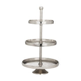 Babirik Cake Stand in nickel, a three-tier aluminium stand with raised-rim round tiers on a central rod and ball finial, set on a plain white background.