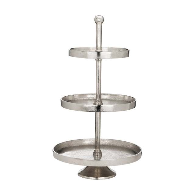 Babirik Cake Stand in nickel, a three-tier aluminium stand with raised-rim round tiers on a central rod and ball finial, set on a plain white background.