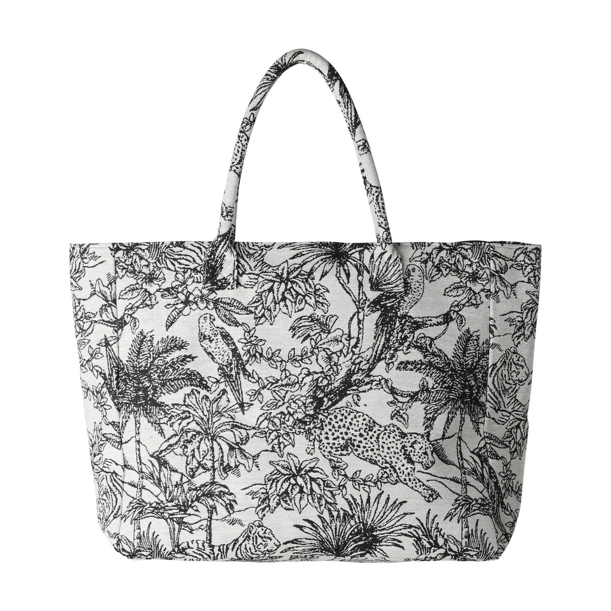 Bachuma Bag in Black, a fabric tote with two shoulder handles, featuring a black jungle toile print of palms, parrots, a leopard and tiger on an off-white ground.