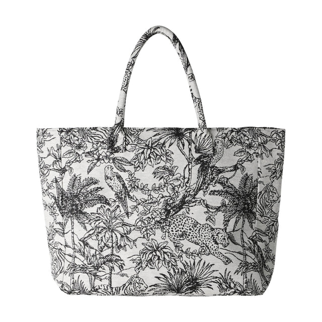 Bachuma Bag in Black, a fabric tote with two shoulder handles, featuring a black jungle toile print of palms, parrots, a leopard and tiger on an off-white ground.