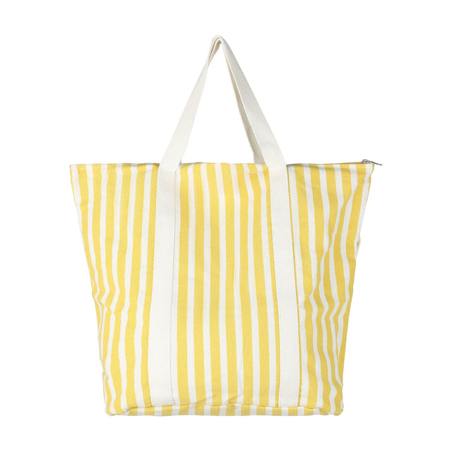 Bachuma Bag in bold yellow and white stripes, a fabric tote with cream webbing handles and a top zip closure, shown on a plain white background.