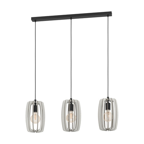 Bajazzara three-light linear pendant with black steel ceiling bar, black flex cables, and barrel-shaped grey wooden slat cages around black E27 lampholders, shown on a white background.