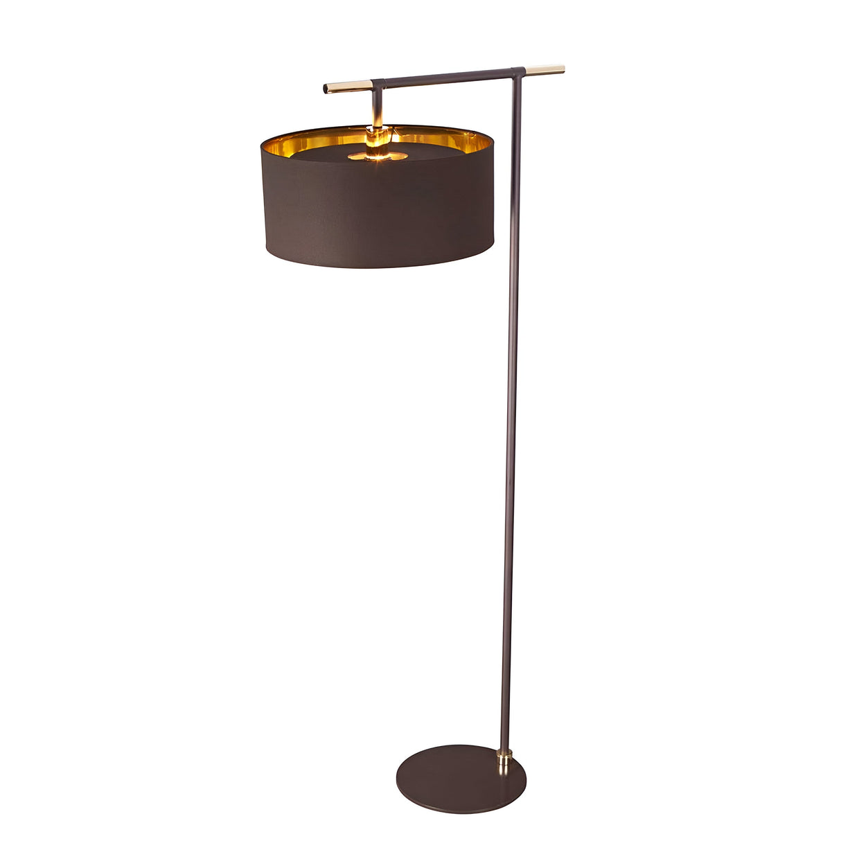 The Balance Floor Lamp - Brown/Polished Brass features a sleek design with a polished brass stand and a black cylindrical shade lined with gold. Its fabric diffuser softens the light, creating a warm ambiance. A minimalist silhouette is achieved with its round base and horizontal support bar at the top.