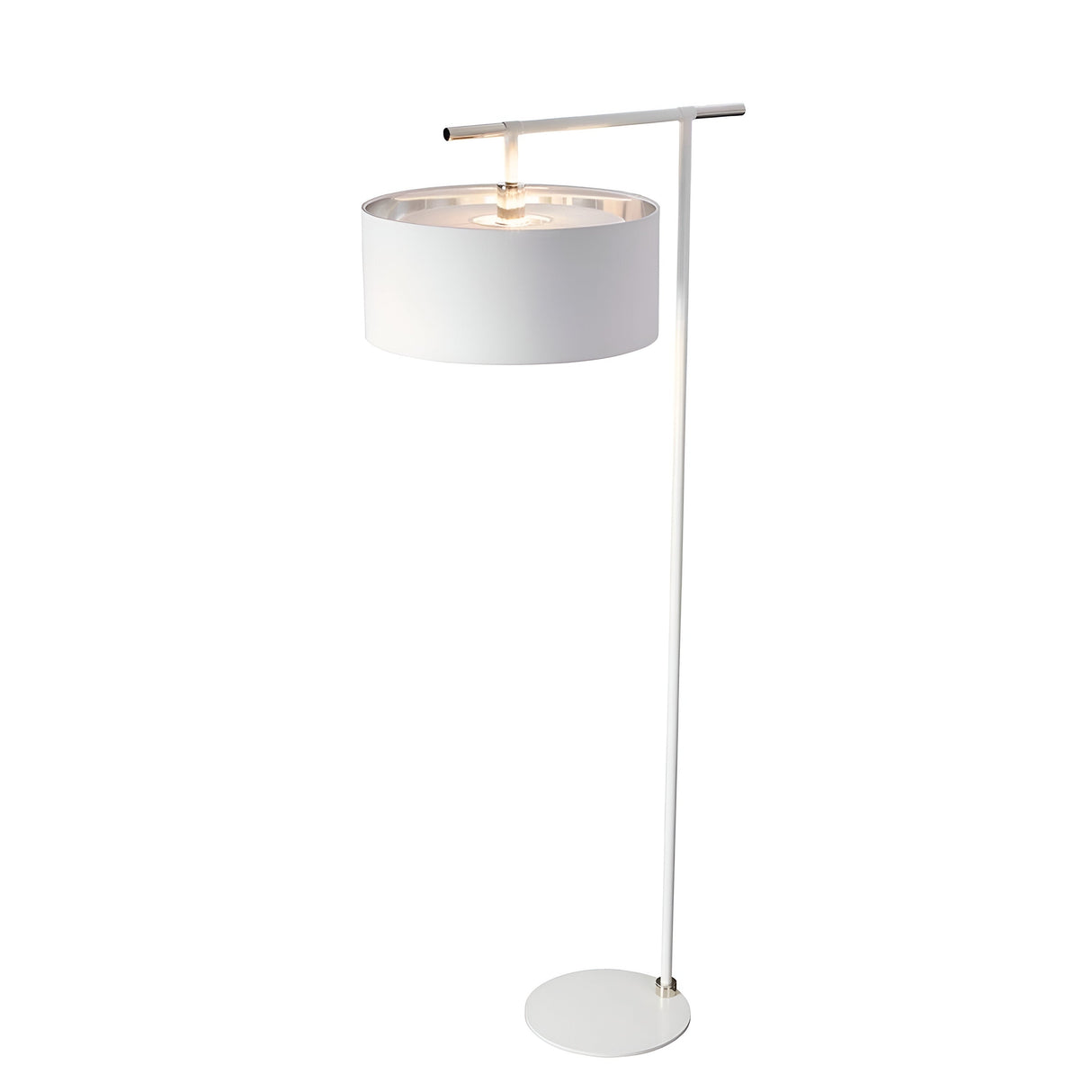 Introducing the Balance Floor Lamp in White and Polished Nickel, featuring a modern and minimalistic design. It showcases a sleek white stand with a polished nickel horizontal arm that supports a cylindrical shade, enhancing its contemporary lighting style. When illuminated, it casts a warm glow throughout the room.