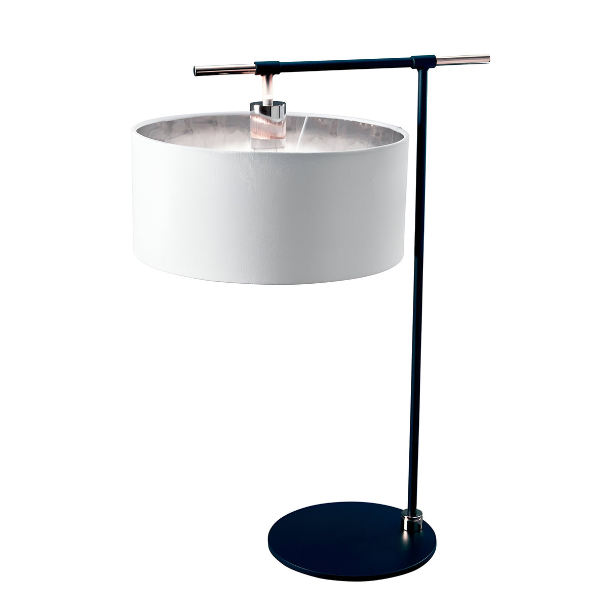 The Balance Table Lamp - Black/Polished Nickel is a contemporary piece featuring a sleek black and polished nickel stand paired with a cylindrical white lampshade. Its minimalist design is accentuated by a horizontal arm extending from the top, which both secures the shade and enhances its modern aesthetic.