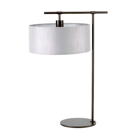 Introducing the Balance 1 Light Table Lamp in Dark Brown; a modern lighting feature that showcases a sleek metal base paired with a cylindrical white fabric shade. Its minimalist design is highlighted by the horizontal arm supporting the shade, exuding contemporary elegance.