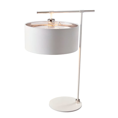 Introducing the Balance 1 Light Table Lamp in White/Polished Nickel. This modern table lamp features a cylindrical shade atop a sleek polished nickel stand. It boasts a sophisticated design with a horizontal rod extending above the shade, supported by a vertical base resting on a round platform. The lamp provides soft, warm lighting, making it ideal for cozy settings.