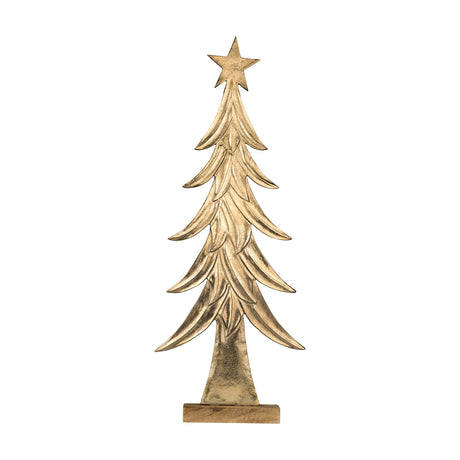 Baliguian Decorative Tree 104cm in gold aluminium, a flat layered silhouette with drooping ridged branches and a star top, set on a mango wood base against a plain white background.
