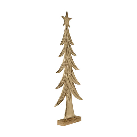 Baliguian Decorative Tree 104cm in gold aluminium with layered, drooping branches and a star topper, set on a natural mango wood base against a plain white background.