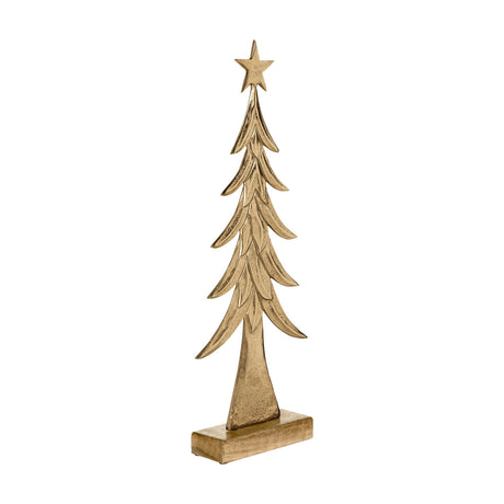 Baliguian Decorative Tree 65cm in gold aluminium with layered leaf-shaped branches, a star topper, and a natural mango wood base, shown against a plain white background.