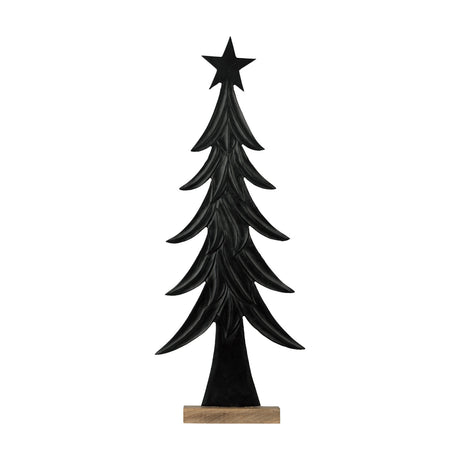 Baliguian Decorative Tree in black aluminium with a star topper and layered frond tiers, set on a natural mango wood base against a plain white background.