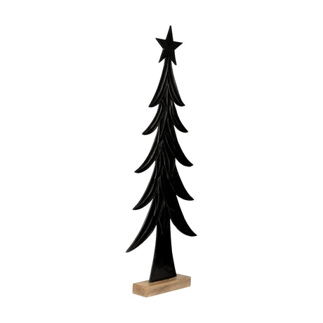 Baliguian Decorative Tree in black aluminium with a flat silhouette design, layered fronds, star topper, and natural mango wood base, shown on a plain white background.
