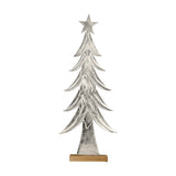 Baliguian decorative Christmas tree, a flat nickel-finished aluminium silhouette with layered branches and a star top, set in a natural mango wood base, on a white background.