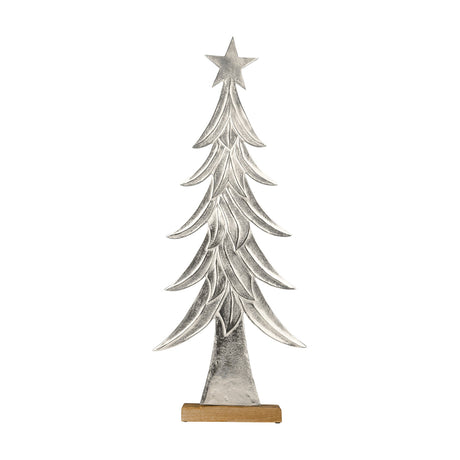 Baliguian decorative Christmas tree, a flat nickel-finished aluminium silhouette with layered branches and a star top, set in a natural mango wood base, on a white background.