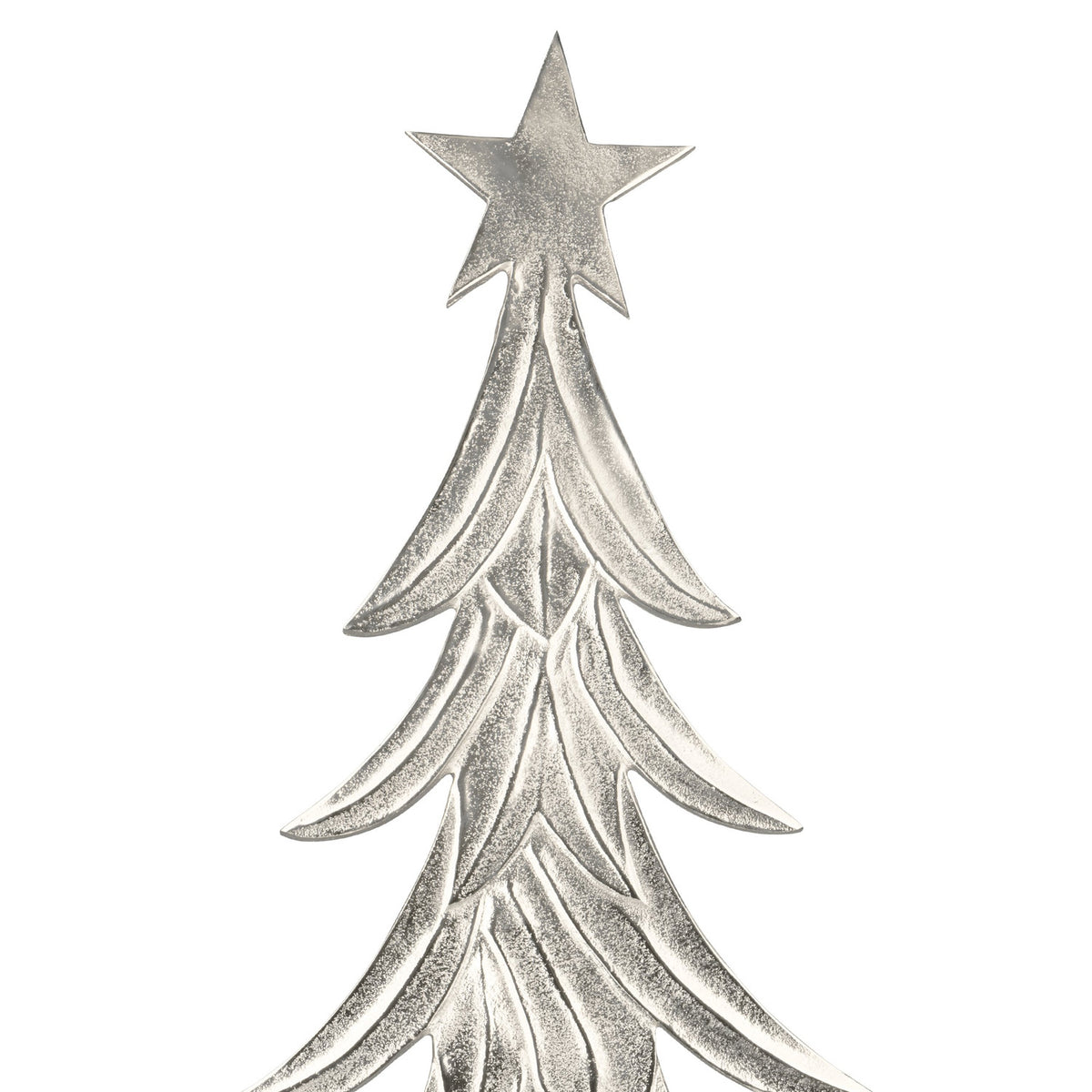Close-up of the Baliguian decorative Christmas tree in nickel-finished aluminium, showing layered branch silhouette, engraved lines, and five-pointed star top against a plain white background.
