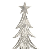 Close-up of the Baliguian decorative Christmas tree in nickel-finished aluminium, showing layered branch silhouette, engraved lines, and five-pointed star top against a plain white background.