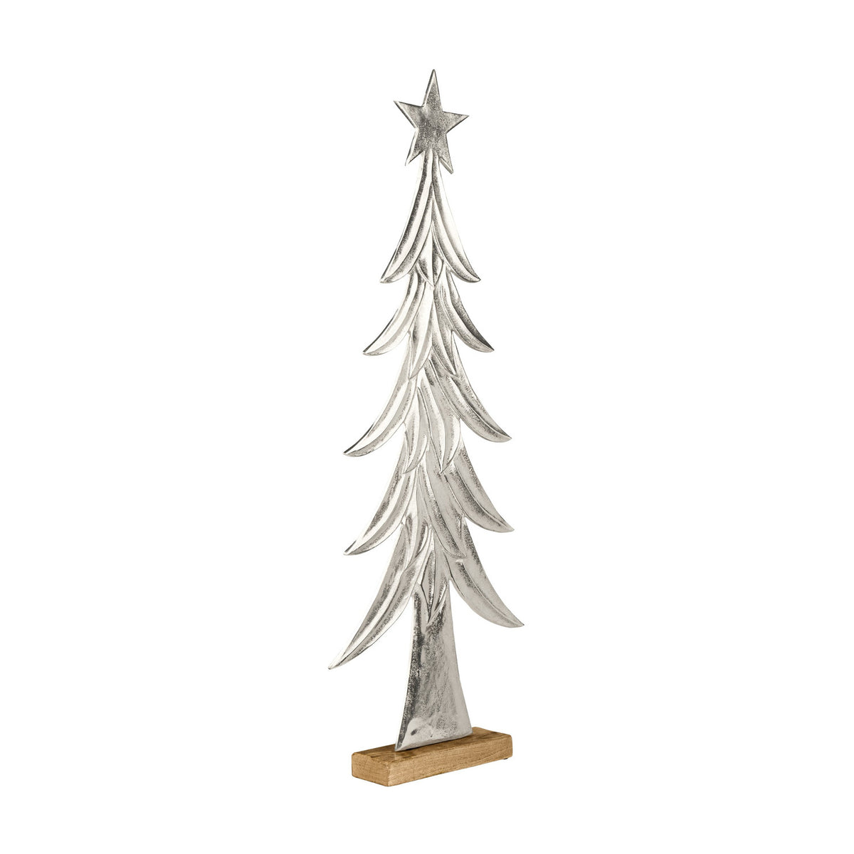Baliguian decorative tree, a flat nickel-finished aluminium Christmas tree with layered branches and a star top, set in a natural mango wood base against a plain white background.