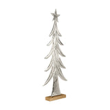 Baliguian decorative tree, a flat nickel-finished aluminium Christmas tree with layered branches and a star top, set in a natural mango wood base against a plain white background.