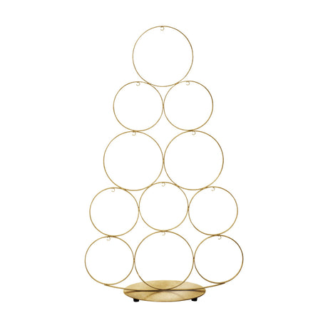 Ballymena gold metal Christmas tree made of stacked wire rings in a tapering shape on a round base with small dark feet, shown against a plain white background.