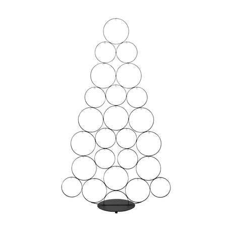 Ballymena Metal Christmas Tree in black, formed from open circular rings stacked into a tree shape on an oval base, shown against a plain white background.