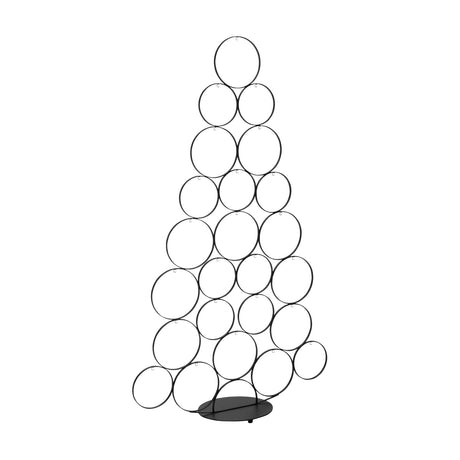 Ballymena Metal Christmas Tree in black, formed from stacked open rings of varying sizes creating a tapered tree shape on an oval metal base, shown against a plain white background.