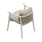 Balm Aluminium Garden Lounge Chair with white frame, rounded arms curving into a back rail, splayed legs, grey cushion and woven rope sides, shown on a plain white background.