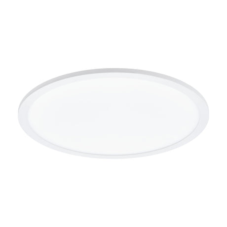 Balvena LED Flush Ceiling Light 45cm in White, a round, slim aluminium fixture with a smooth white plastic diffuser panel, shown at an angle on a plain white background.