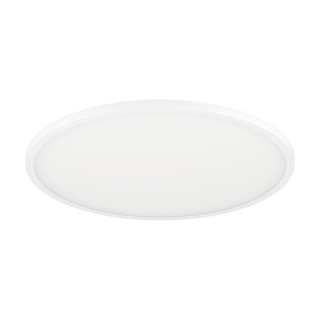 Balvena Smart LED Flush Ceiling Light 60cm in white, a slim round fixture with an aluminium and steel body and white plastic diffuser, shown at an angle on a plain white background.