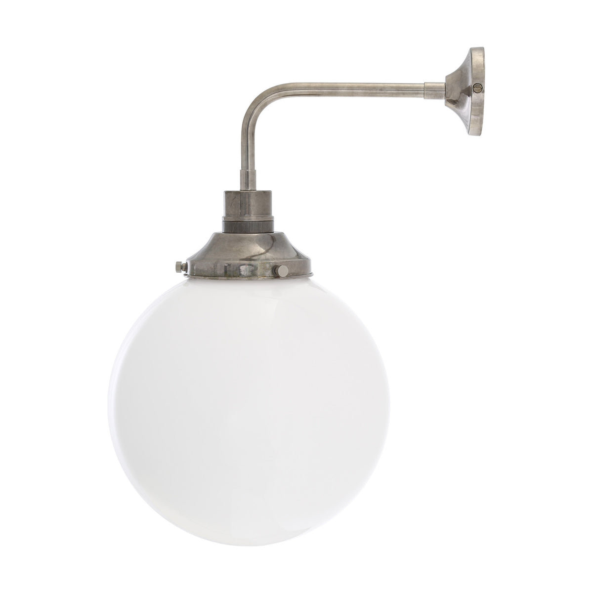 Bamako Glass Globe Wall Light – 25cm opal glass sphere on a bent silver-finish arm with round wall plate, shown on a plain white background.