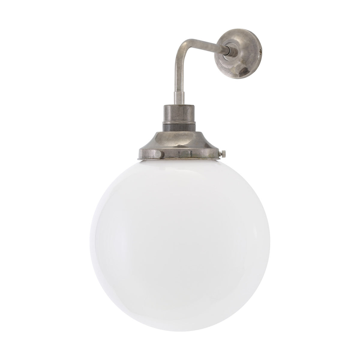 Bamako Glass Globe Wall Light - 25cm opal glass sphere on a brass holder with bent arm and round wall plate in antique silver finish, plain white background.