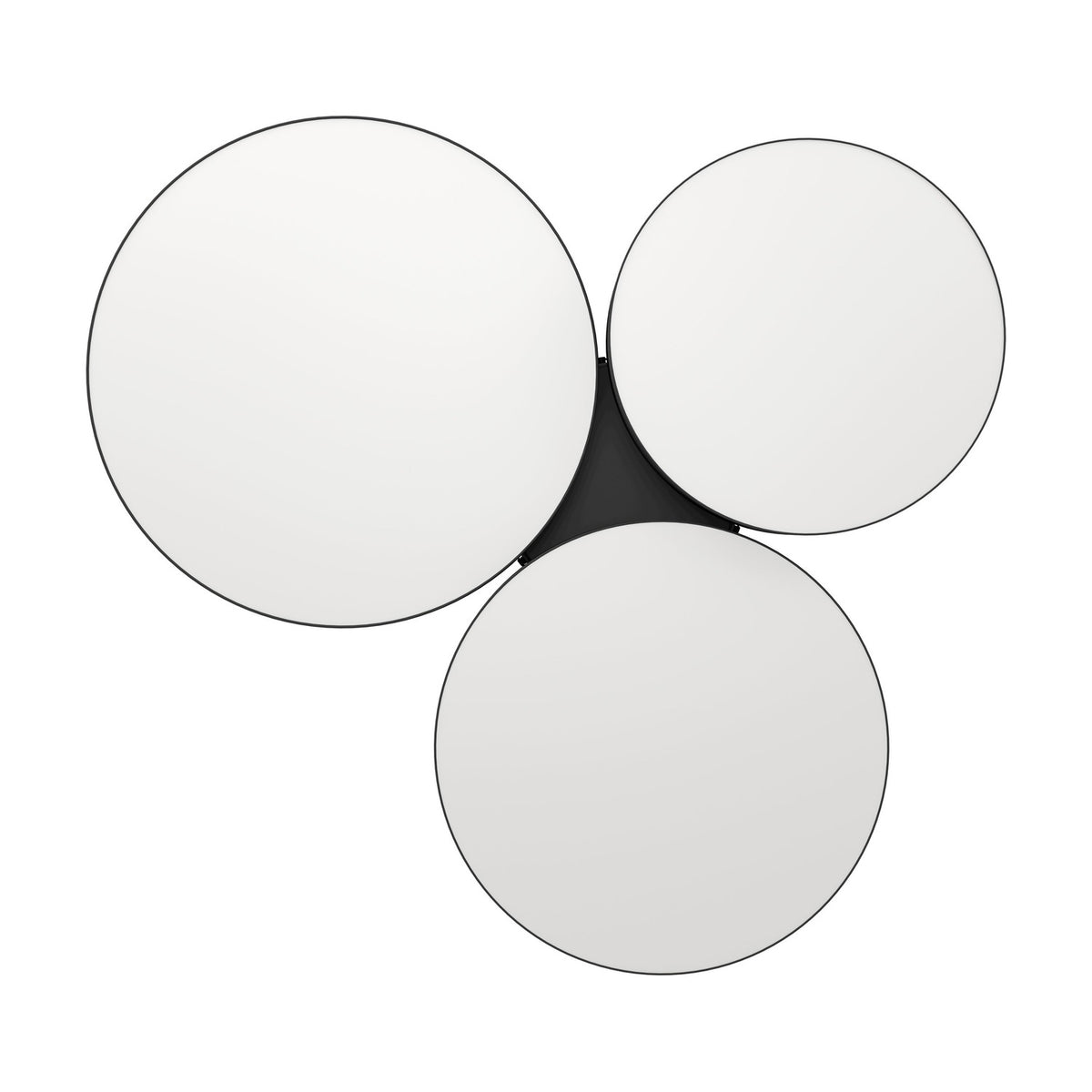 Barbano Smart LED Flush Ceiling Light with three overlapping round drums, black fabric sides and white diffusers on a black steel body, shown on a plain white background.