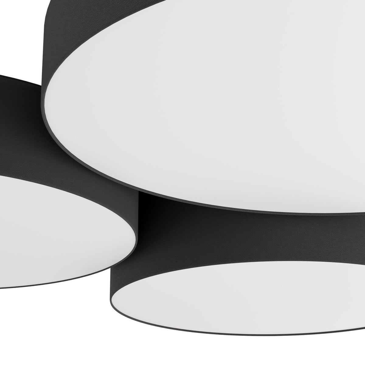 Close-up of the Barbano Smart LED flush ceiling light showing three overlapping round drums with black fabric sides and white diffuser faces on a black steel body.