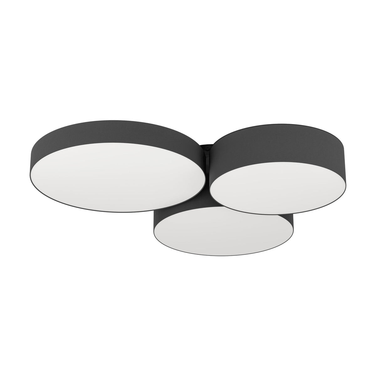 Barbano Smart LED Flush Ceiling Light with three overlapping round drums, black fabric sides and white diffusers on a black steel body, shown on a plain white background.