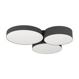 Barbano Smart LED Flush Ceiling Light with three overlapping round drums, black fabric sides and white diffusers on a black steel body, shown on a plain white background.