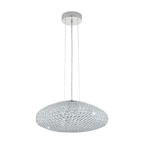 Barbena Clear Glass 3 Light Pendant in chrome, a wide oval shade covered in round clear glass pieces, hung on slim wires from a round chrome ceiling rose against a plain white background.
