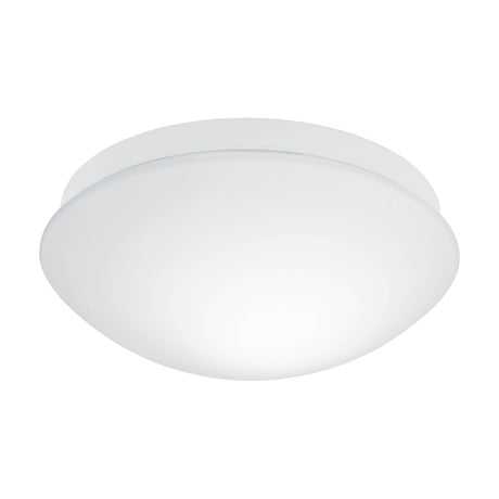 Bari-M bathroom ceiling light with a low, rounded opal glass shade and white plastic base, IP44 rated for E27 bulbs, shown on a plain white background.