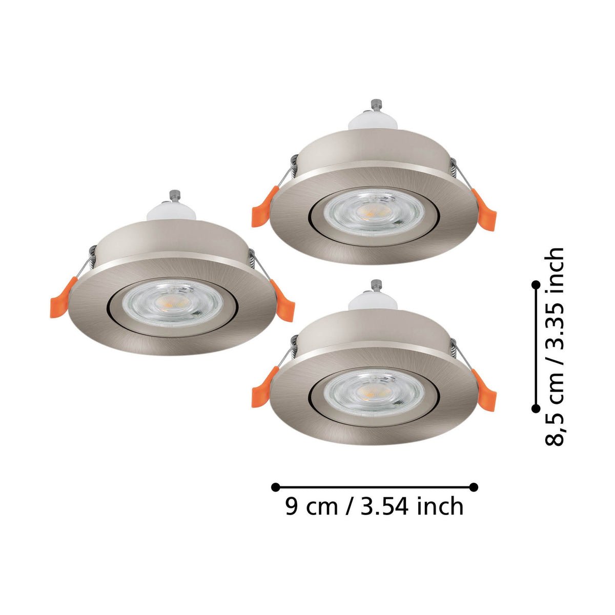 Set of 3 round recessed downlights in satin nickel finish with adjustable GU10 fittings, each 9cm wide and 8.5cm deep, shown on a plain white background with dimension labels.