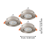 Set of 3 round recessed downlights in satin nickel finish with adjustable GU10 fittings, each 9cm wide and 8.5cm deep, shown on a plain white background with dimension labels.