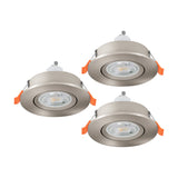 Set of three round recessed downlights in satin nickel finish with GU10 lamps, each 9cm across with adjustable tilt, shown on a plain white background.