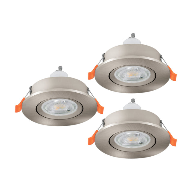 Set of three round recessed downlights in satin nickel finish with GU10 lamps, each 9cm across with adjustable tilt, shown on a plain white background.