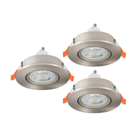Barranco round recessed downlights, set of 3, 9cm satin nickel bezels with GU10 lamps and orange spring clips, shown on a plain white background.