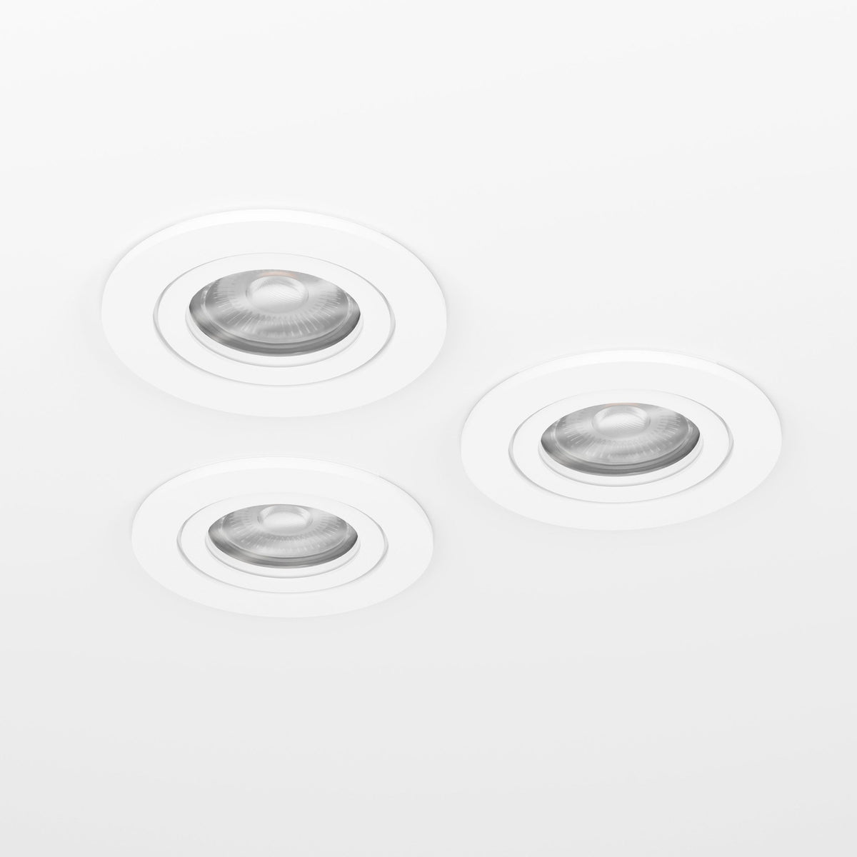 Barranco Downlight set of three round recessed GU10 downlights in white plastic, 9cm flush ceiling fittings with tiltable lamp heads, shown on a plain white background.